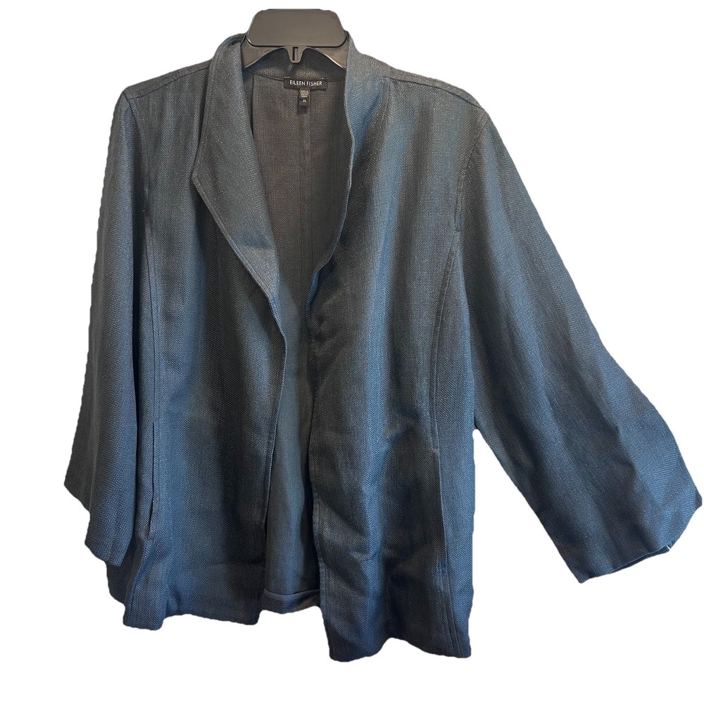 Eileen Fisher Open Front Blazer Jacket Long Sleeve Gray XL Woven Linen Blend EUC
